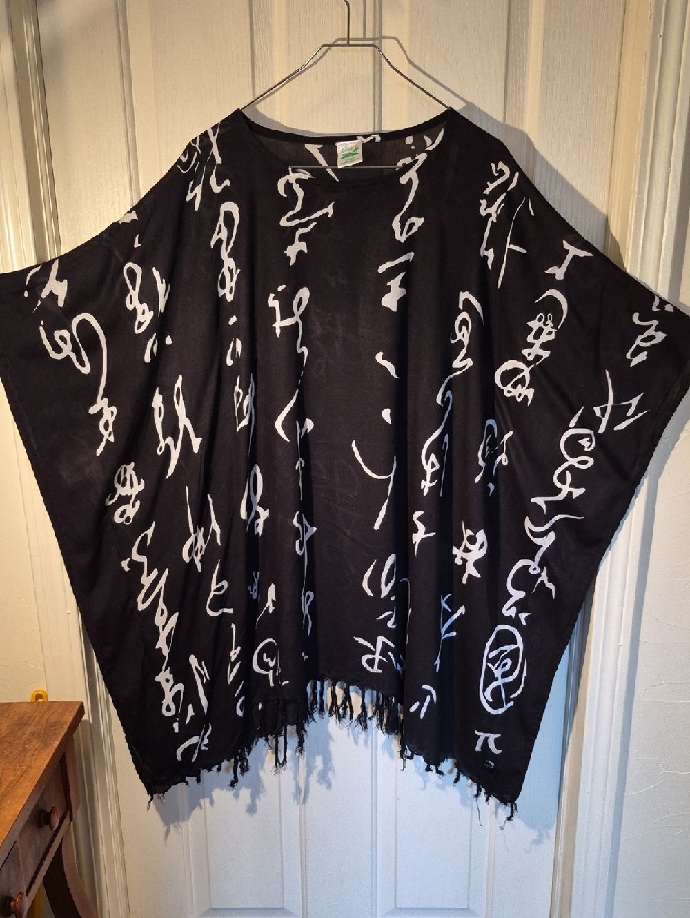 Bridge To Bali Black Script Print Fringe Poncho